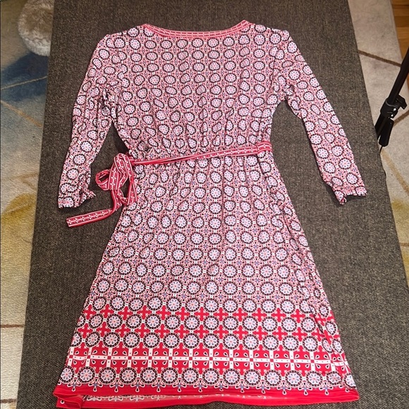 Max Studio Faux Wrap Print Stretch Dress Red Black Blue sz L - Picture 9 of 9